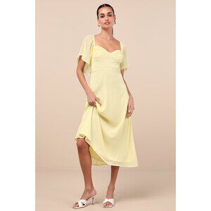 Lulus Valla Light Yellow Flutter Sleeve Midi Dress - Size M
